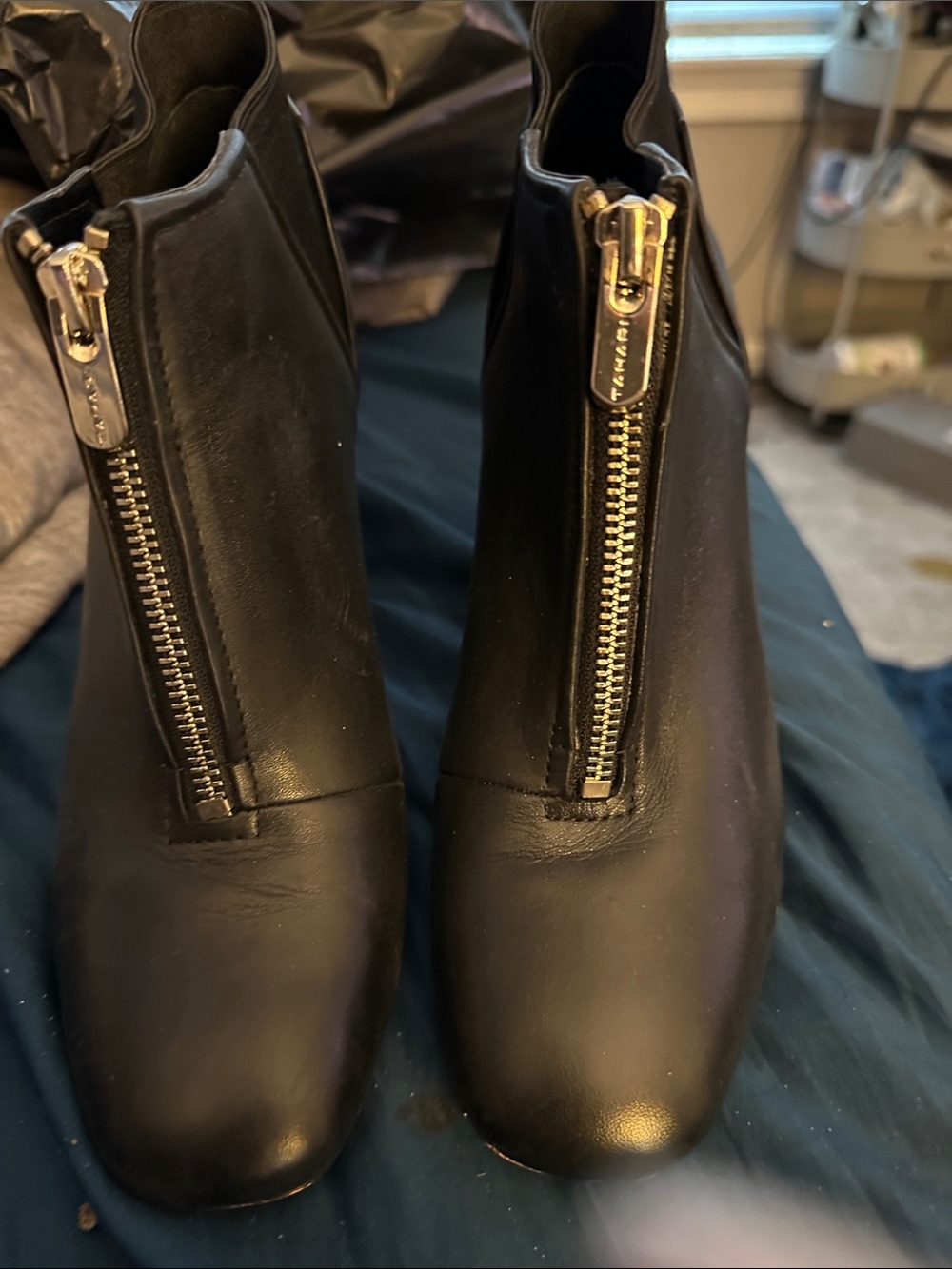 Tahari Black Leather Front-Zip Ankle Booties